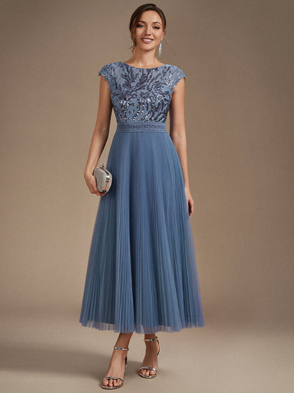 See-through Glitter Cap Sleeve A-Line Wedding Guest Dress