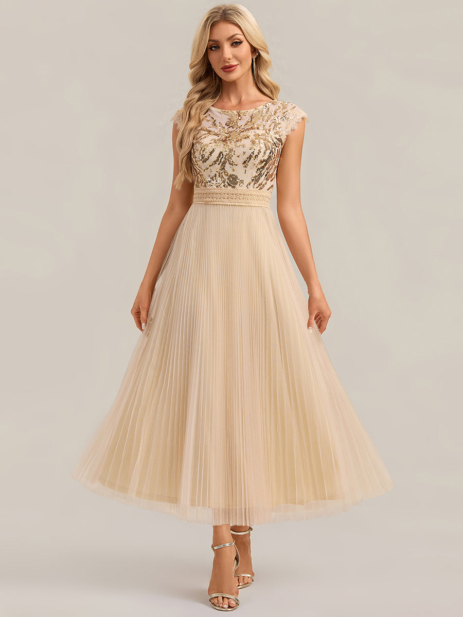 See-through Glitter Cap Sleeve A-Line Wedding Guest Dress