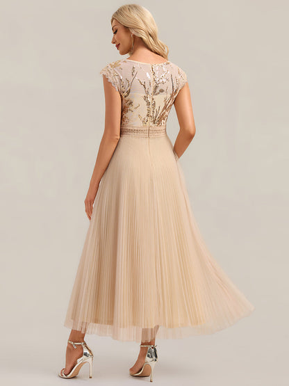 See-through Glitter Cap Sleeve A-Line Wedding Guest Dress