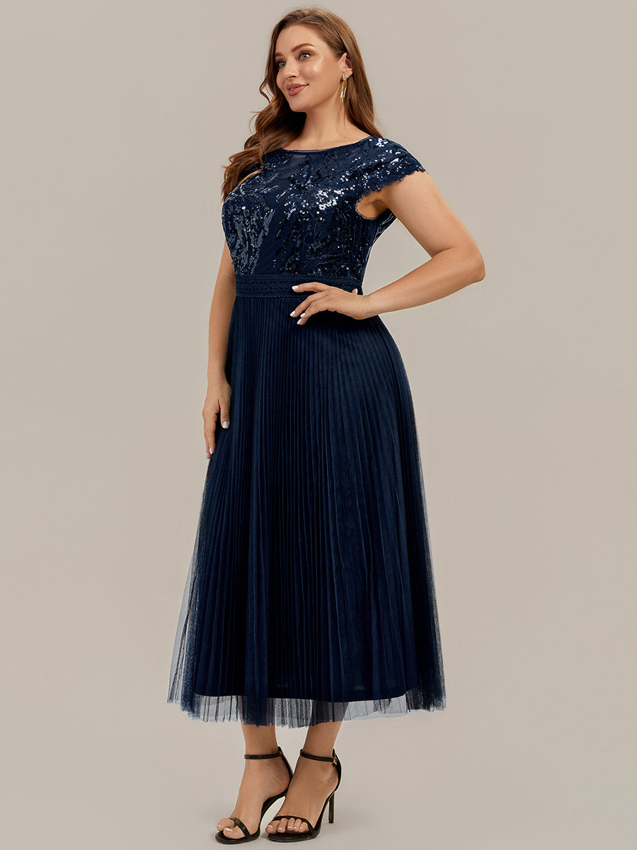 See-through Glitter Cap Sleeve A-Line Wedding Guest Dress
