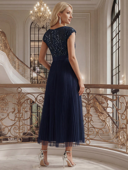 See-through Glitter Cap Sleeve A-Line Wedding Guest Dress
