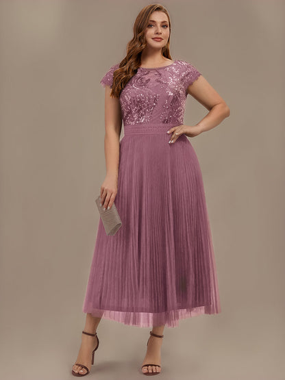 See-through Glitter Cap Sleeve A-Line Wedding Guest Dress