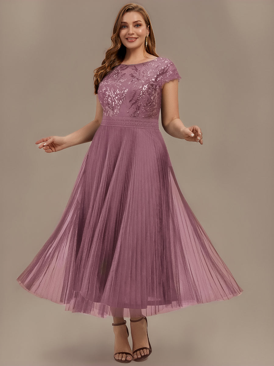 See-through Glitter Cap Sleeve A-Line Wedding Guest Dress