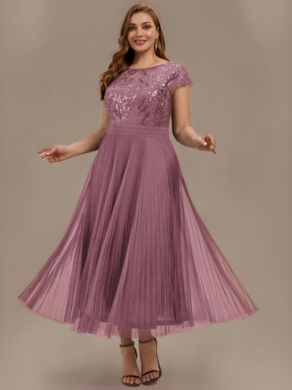 See-through Glitter Cap Sleeve A-Line Wedding Guest Dress