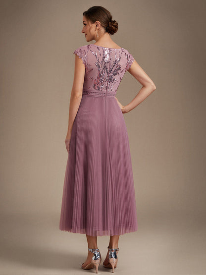 See-through Glitter Cap Sleeve A-Line Wedding Guest Dress