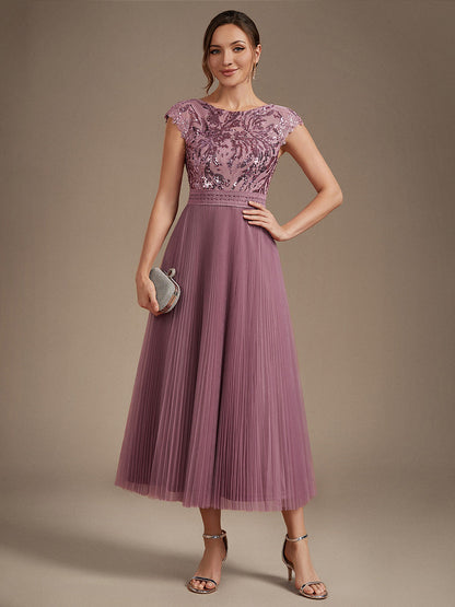 See-through Glitter Cap Sleeve A-Line Wedding Guest Dress