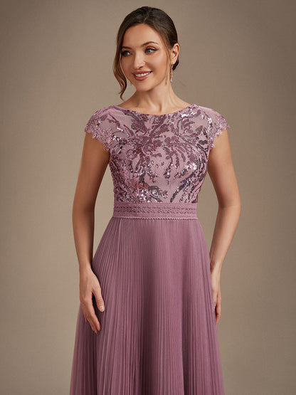 See-through Glitter Cap Sleeve A-Line Wedding Guest Dress