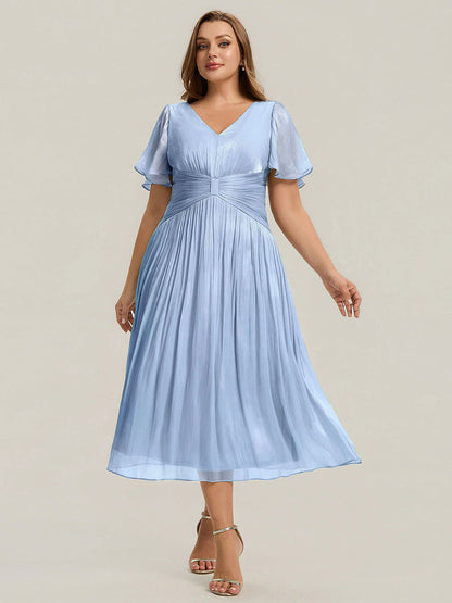 Plus Size Gathered Sea-island Wedding Guest Dress