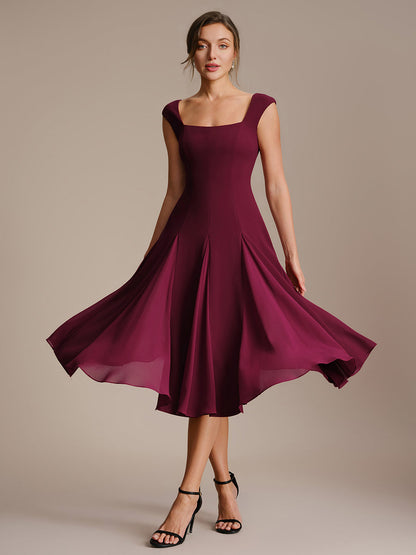 A-Line Midi Cap Sleeve Wedding Guest Dress
