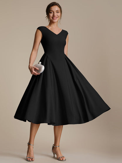 Pleating Crepe Cap Sleeve Wedding Guest Dress