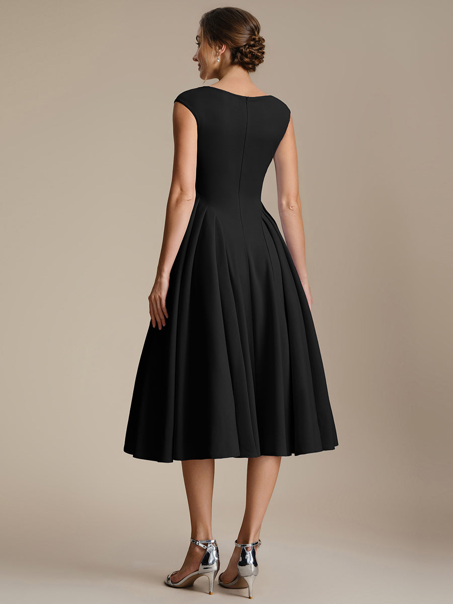 Pleating Crepe Cap Sleeve Wedding Guest Dress