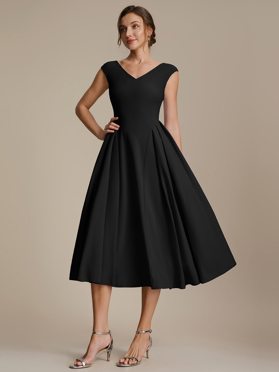 Pleating Crepe Cap Sleeve Wedding Guest Dress