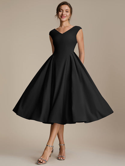 Pleating Crepe Cap Sleeve Wedding Guest Dress