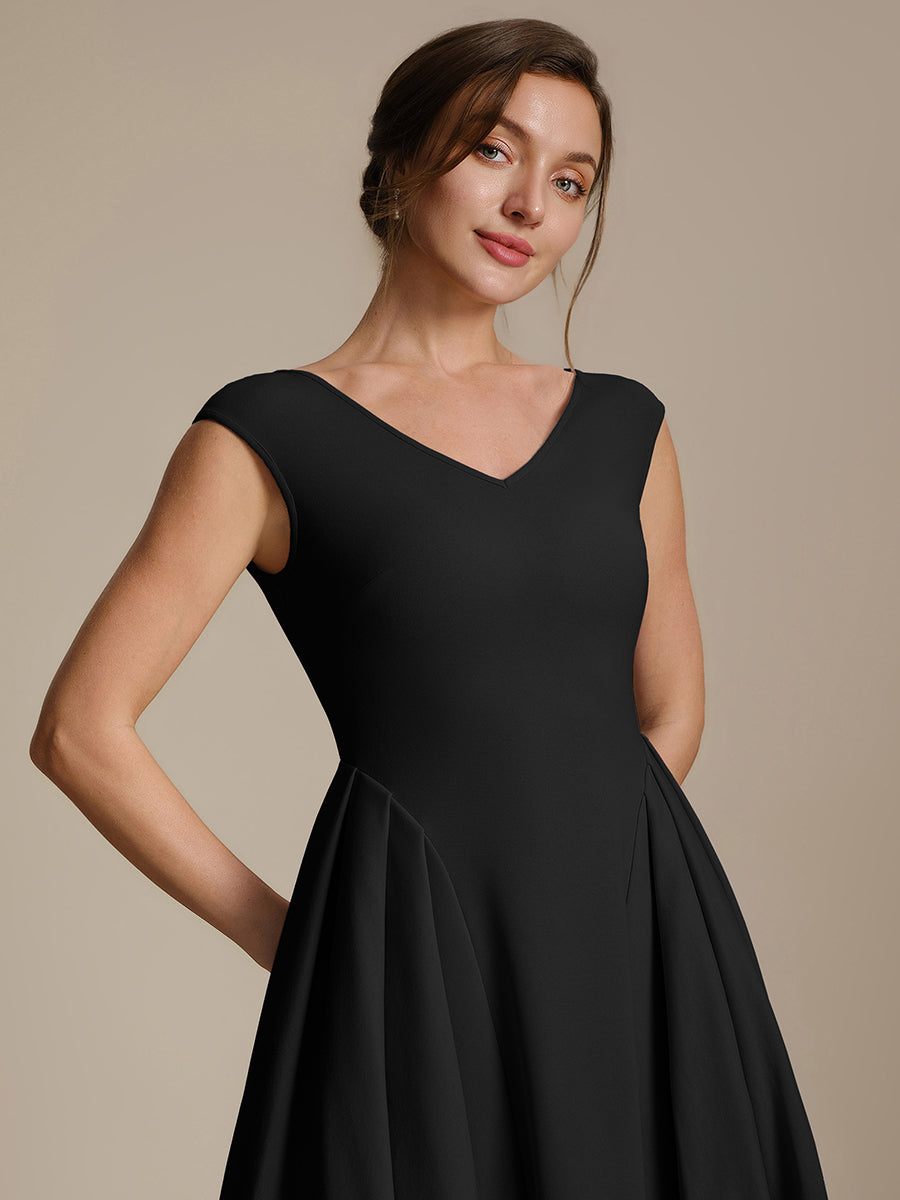 Pleating Crepe Cap Sleeve Wedding Guest Dress