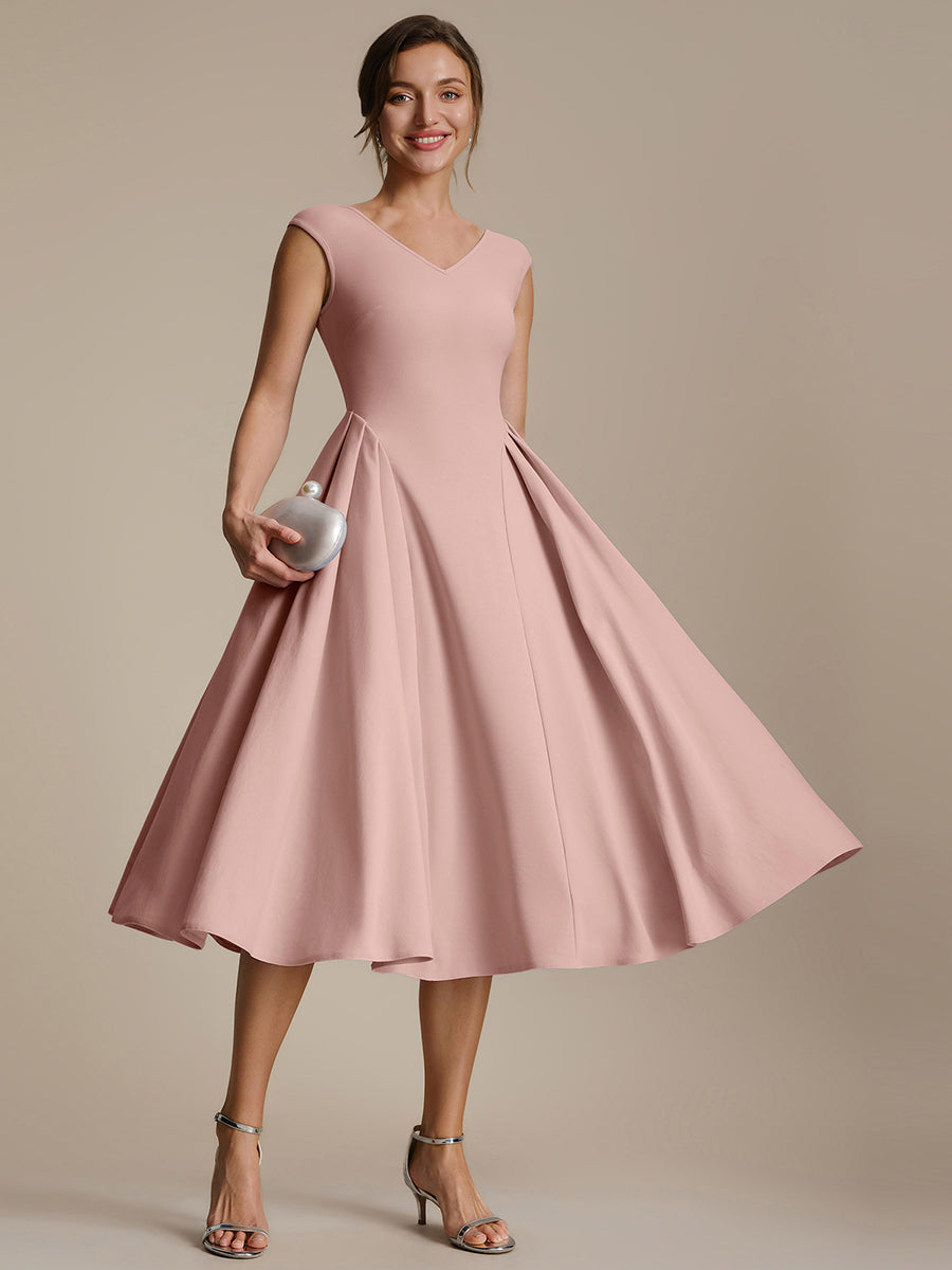 Pleating Crepe Cap Sleeve Wedding Guest Dress