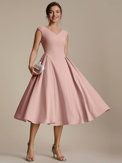 Pleating Crepe Cap Sleeve Wedding Guest Dress