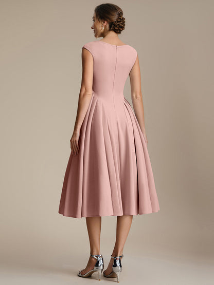 Pleating Crepe Cap Sleeve Wedding Guest Dress