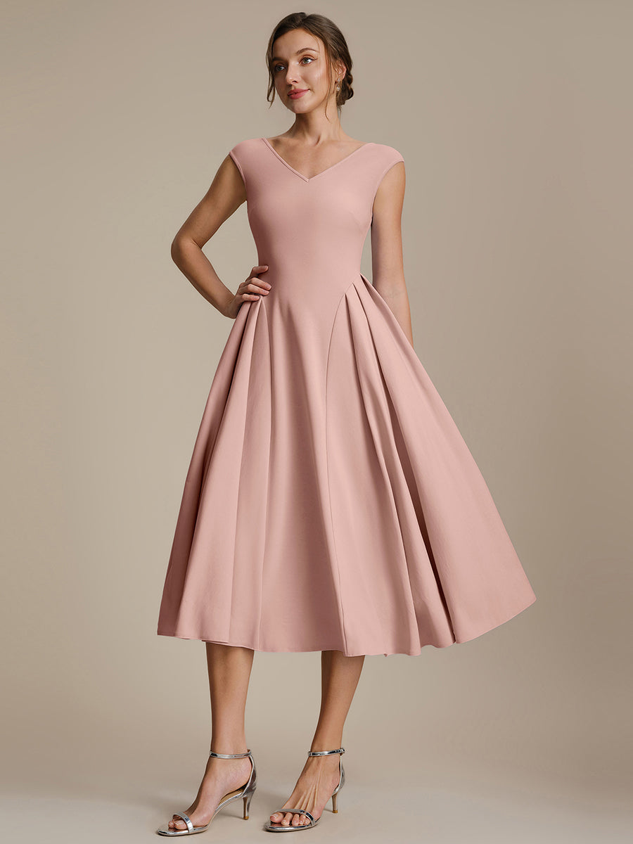 Pleating Crepe Cap Sleeve Wedding Guest Dress