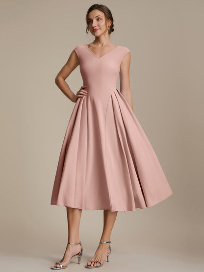 Pleating Crepe Cap Sleeve Wedding Guest Dress