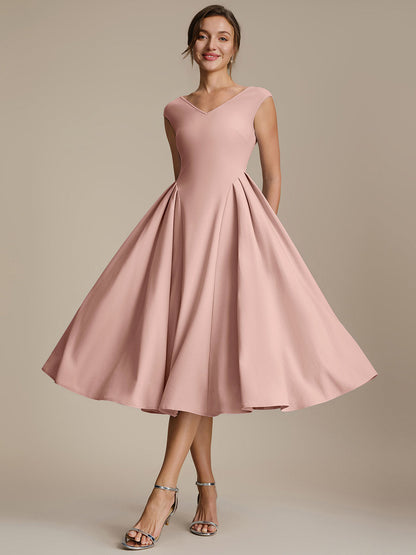 Pleating Crepe Cap Sleeve Wedding Guest Dress