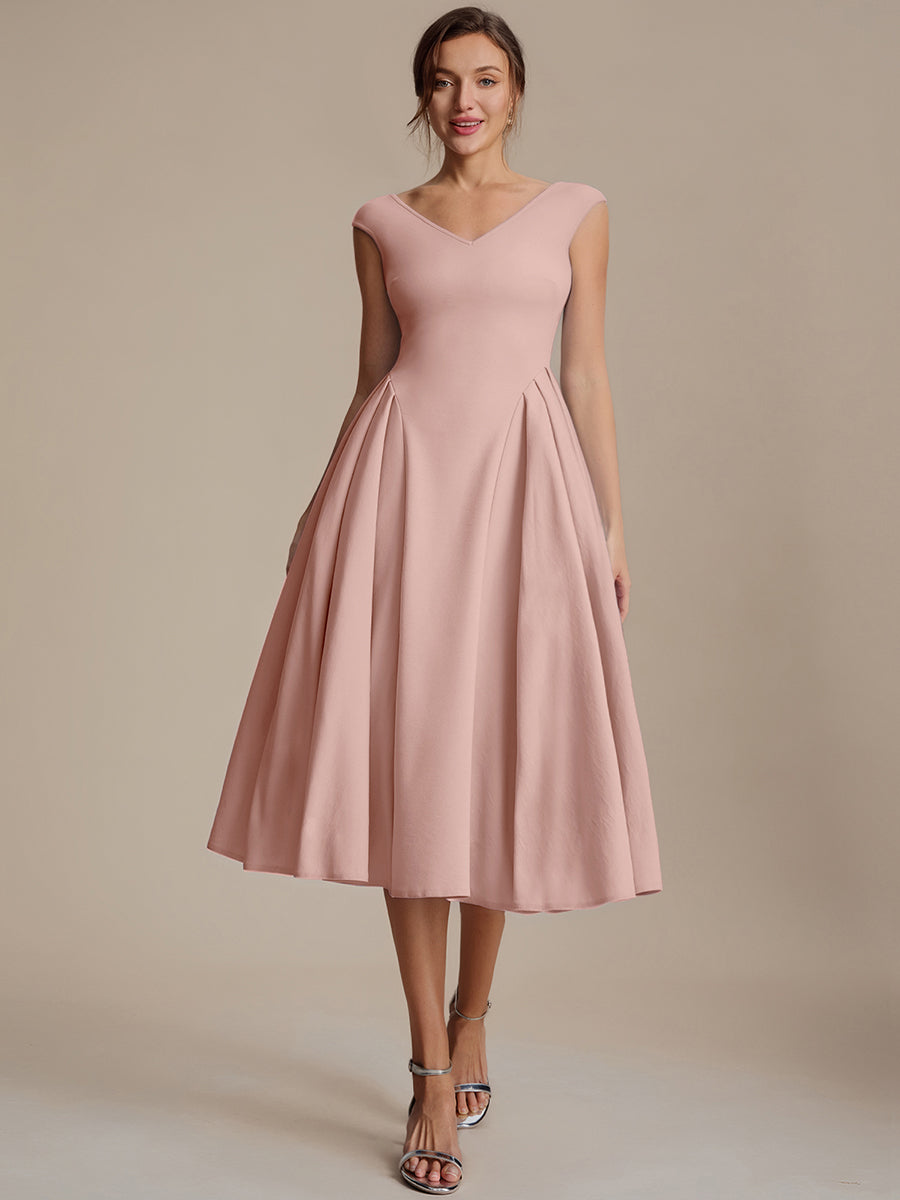 Pleating Crepe Cap Sleeve Wedding Guest Dress