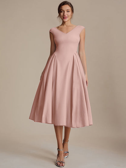 Pleating Crepe Cap Sleeve Wedding Guest Dress