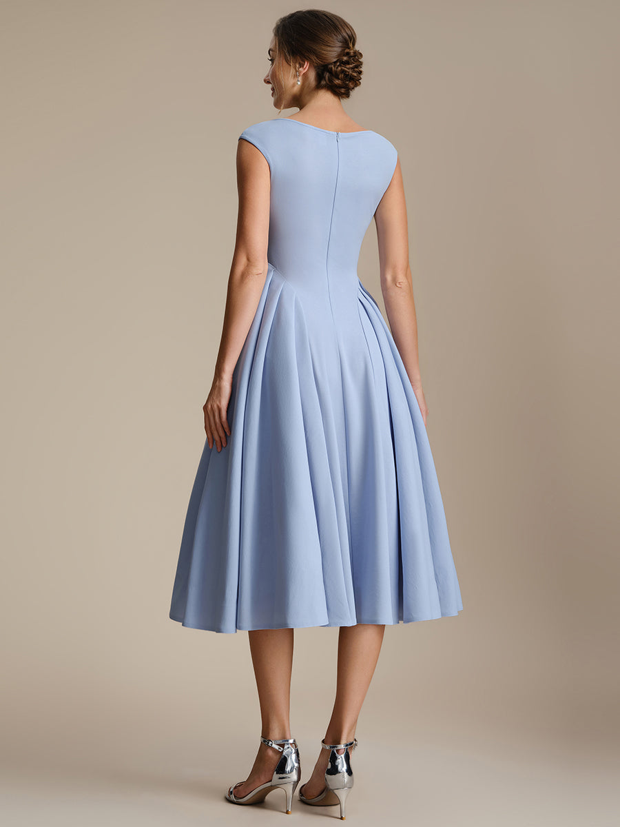 Pleating Crepe Cap Sleeve Wedding Guest Dress