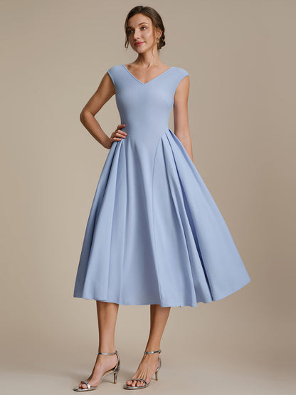 Pleating Crepe Cap Sleeve Wedding Guest Dress