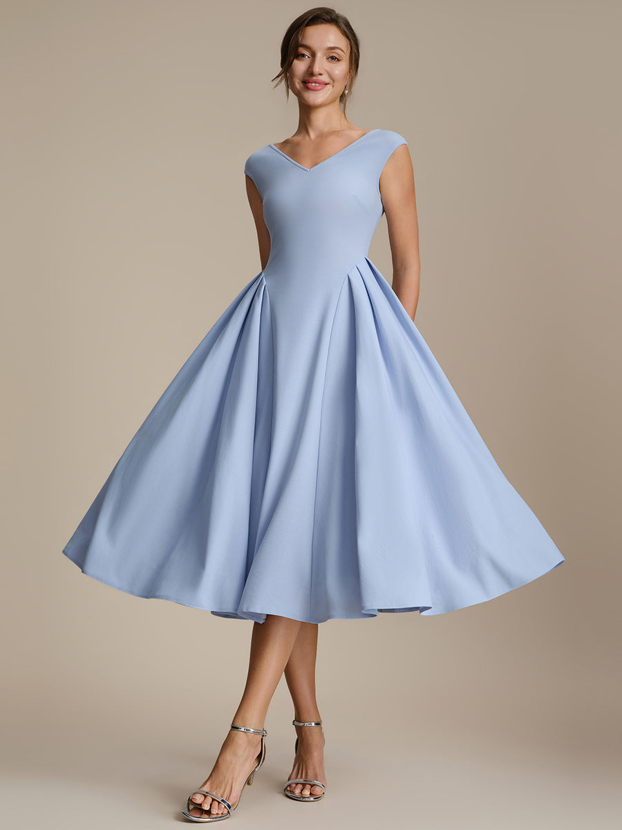 Pleating Crepe Cap Sleeve Wedding Guest Dress