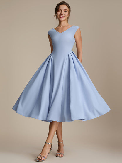 Pleating Crepe Cap Sleeve Wedding Guest Dress