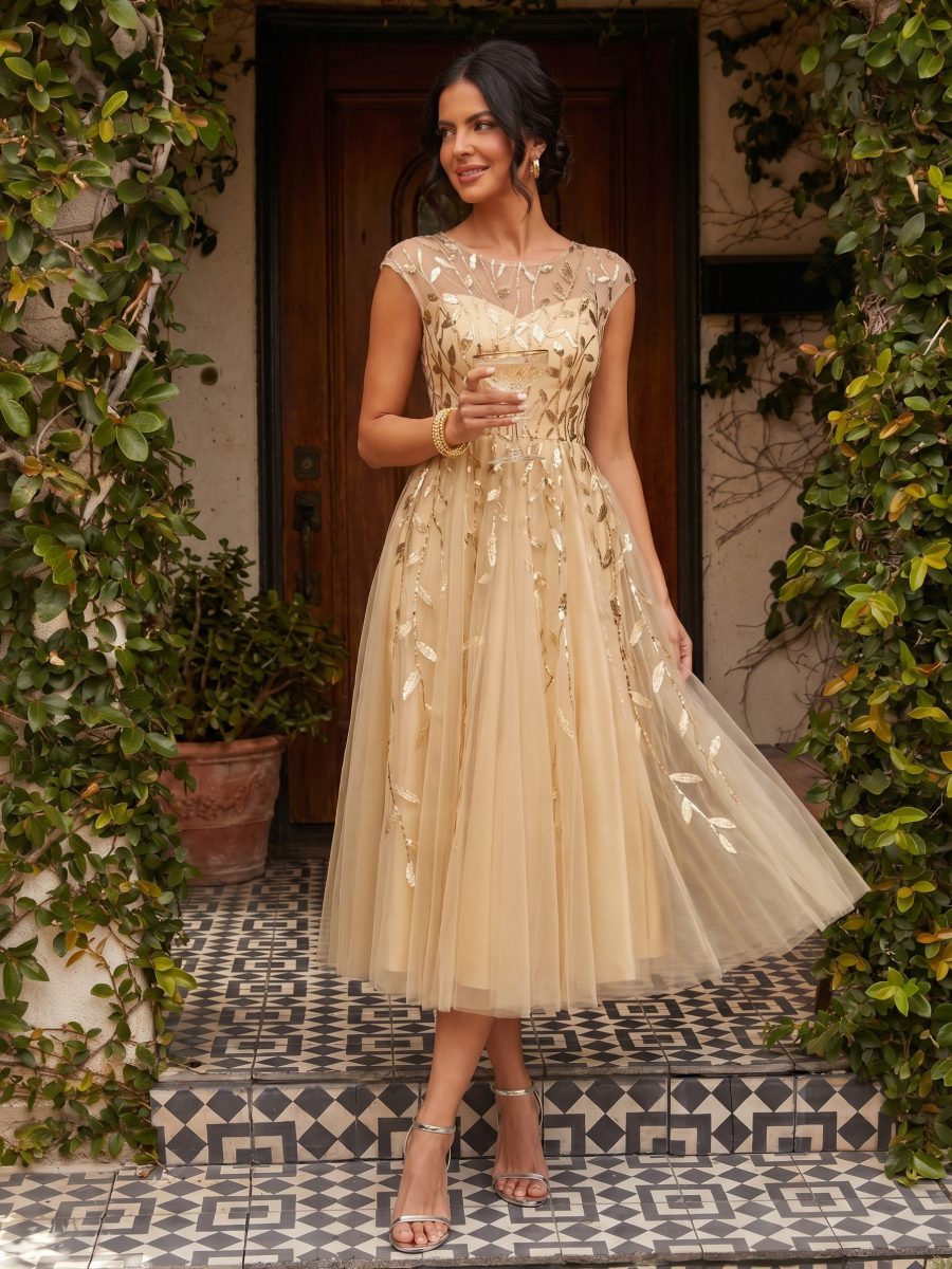 See-through Sequin Cap Sleeve Wedding Guest Dress