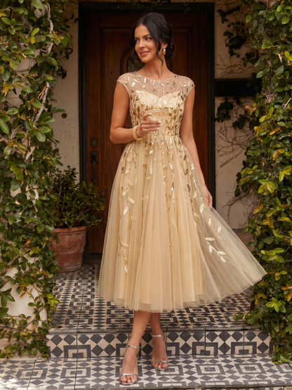 See-through Sequin Cap Sleeve Wedding Guest Dress