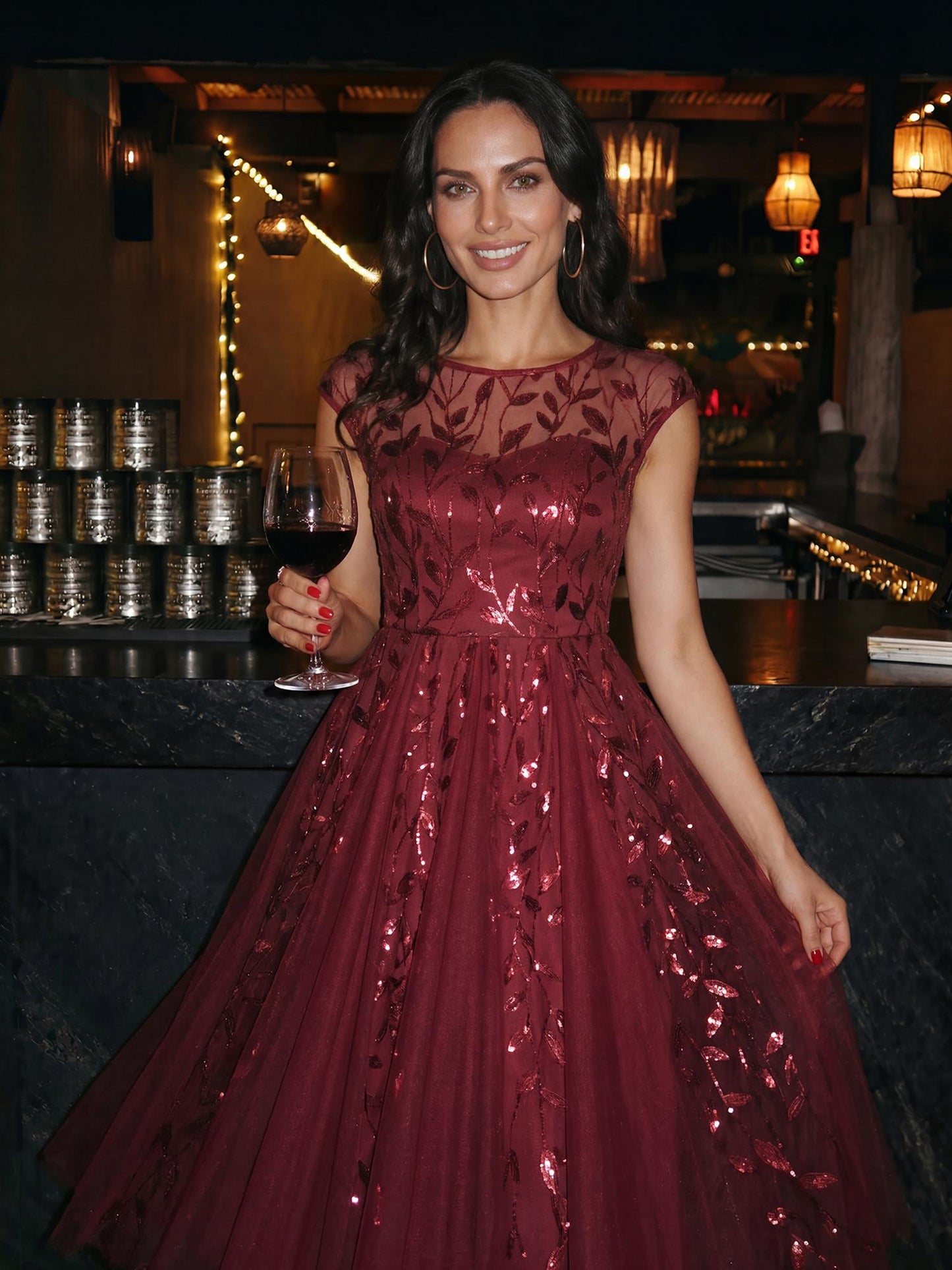 See-through Sequin Cap Sleeve Wedding Guest Dress