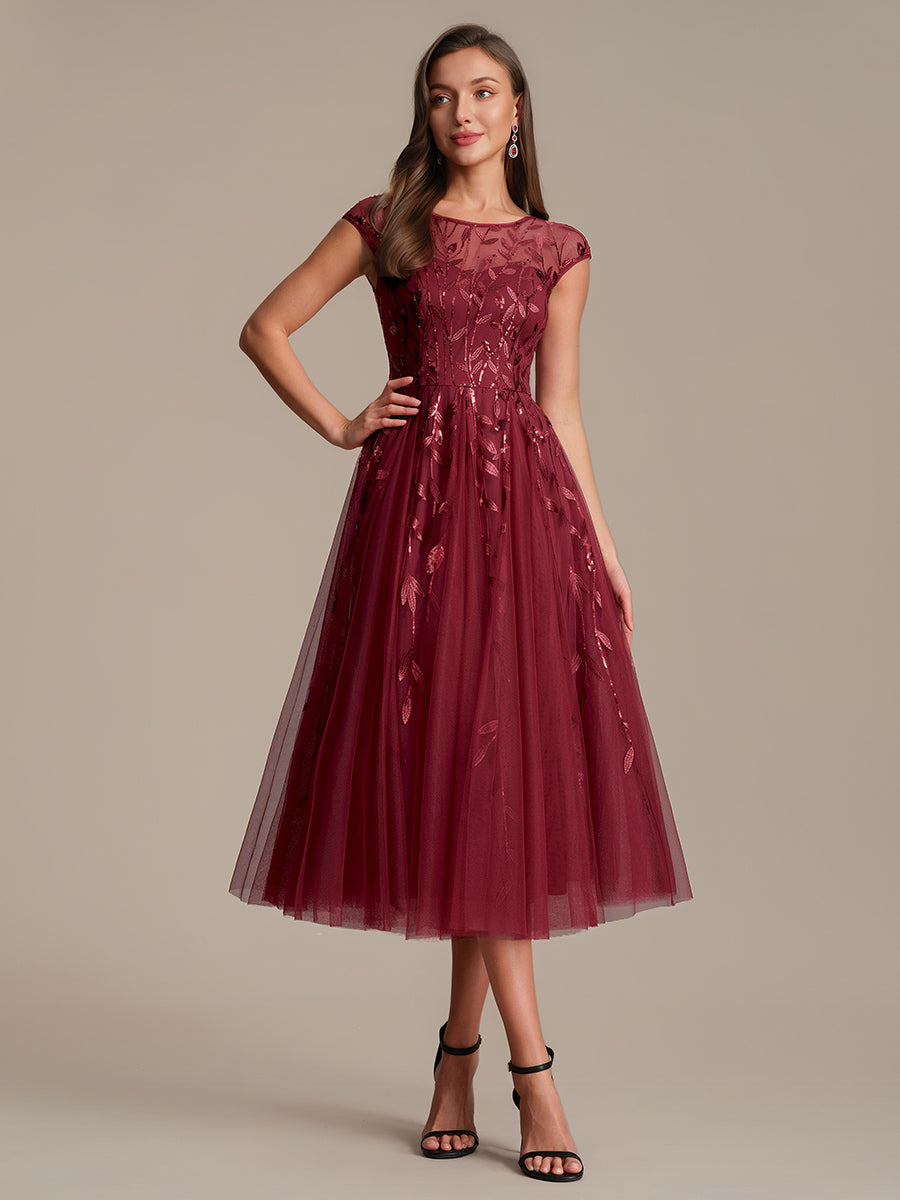 See-through Sequin Cap Sleeve Wedding Guest Dress