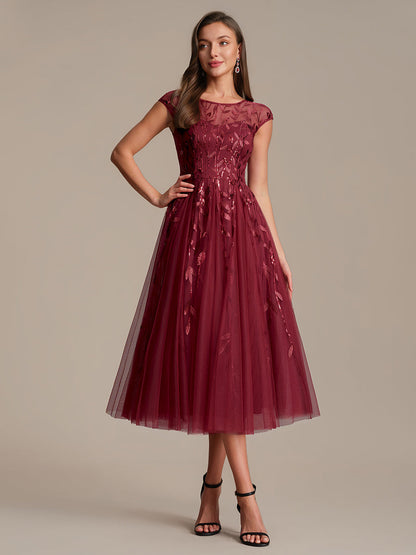 See-through Sequin Cap Sleeve Wedding Guest Dress