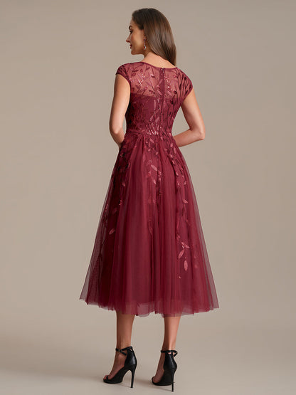 See-through Sequin Cap Sleeve Wedding Guest Dress