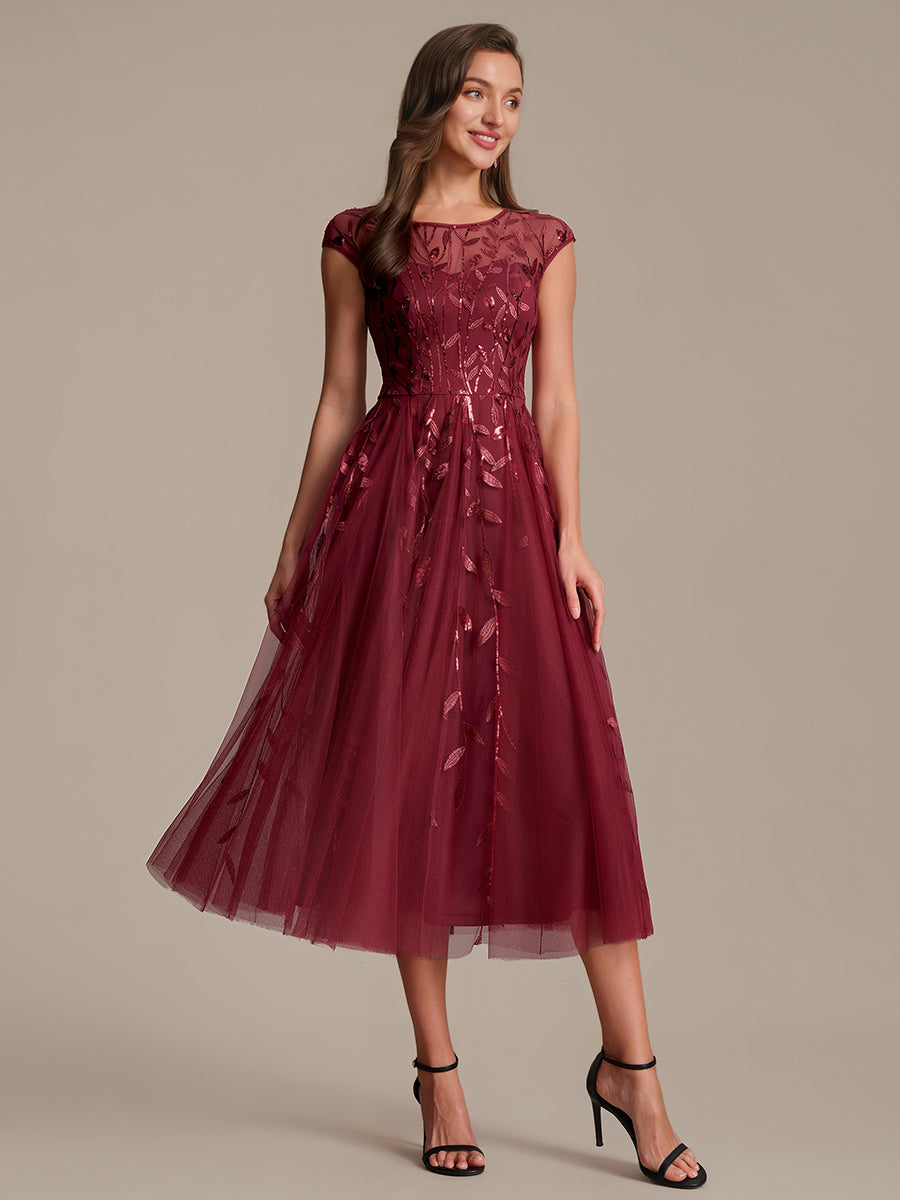 See-through Sequin Cap Sleeve Wedding Guest Dress