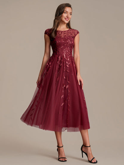 See-through Sequin Cap Sleeve Wedding Guest Dress