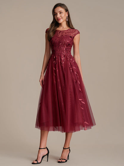 See-through Sequin Cap Sleeve Wedding Guest Dress