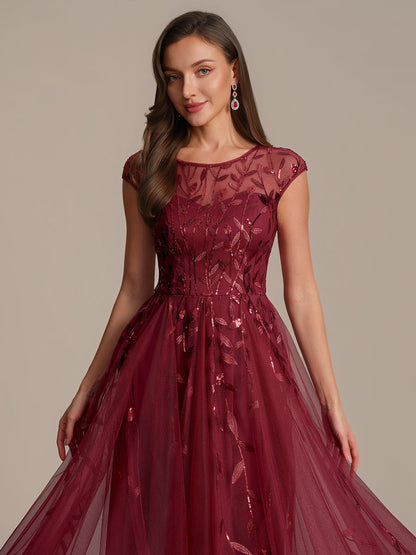 See-through Sequin Cap Sleeve Wedding Guest Dress