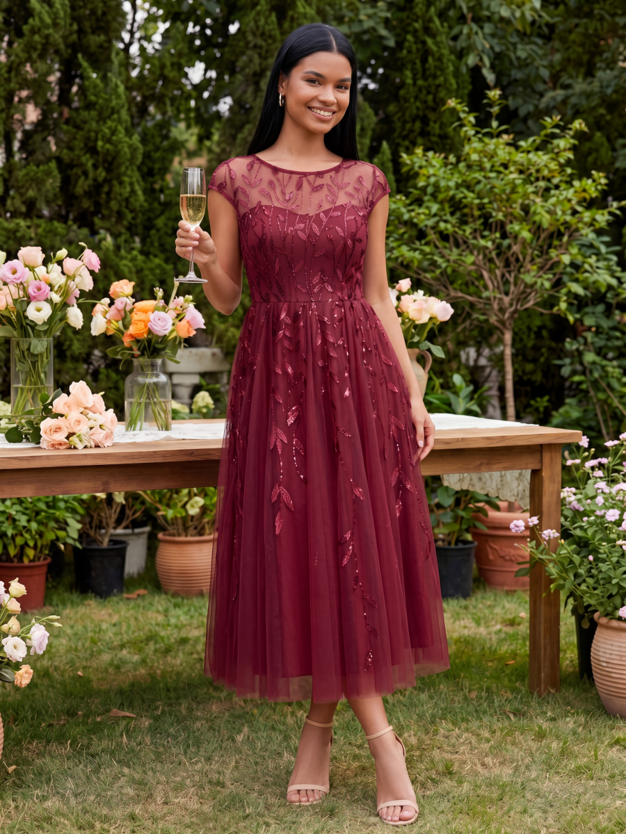 See-through Sequin Cap Sleeve Wedding Guest Dress