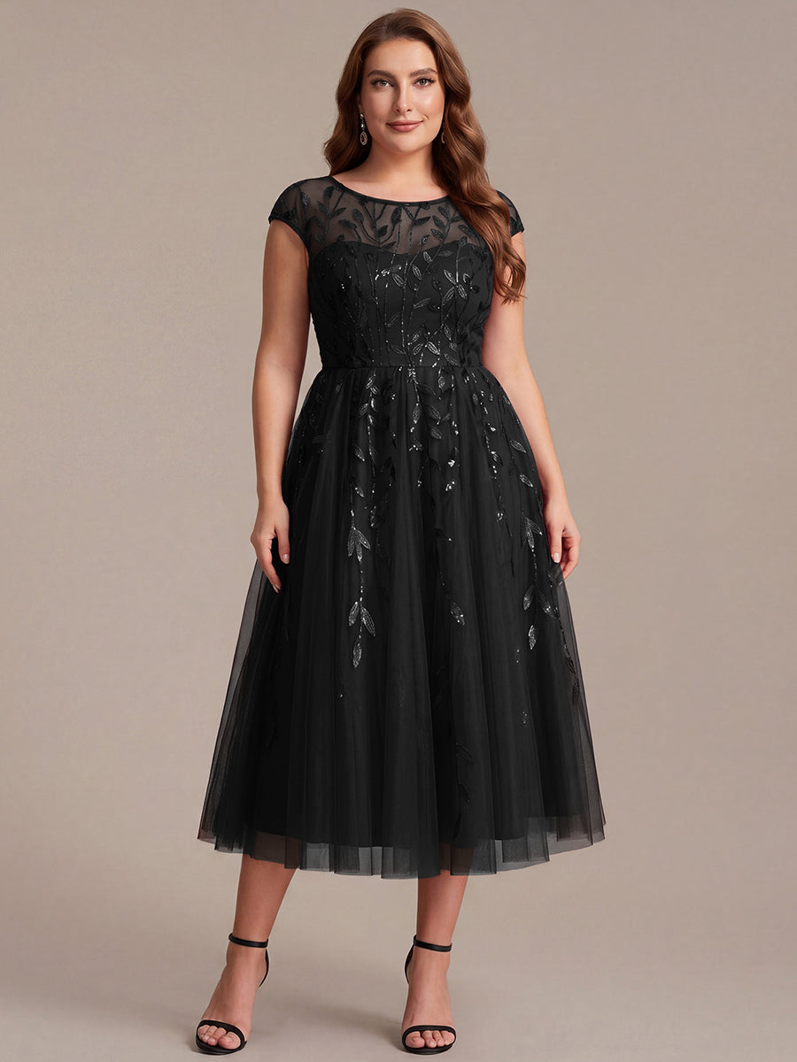 See-through Sequin Cap Sleeve Wedding Guest Dress
