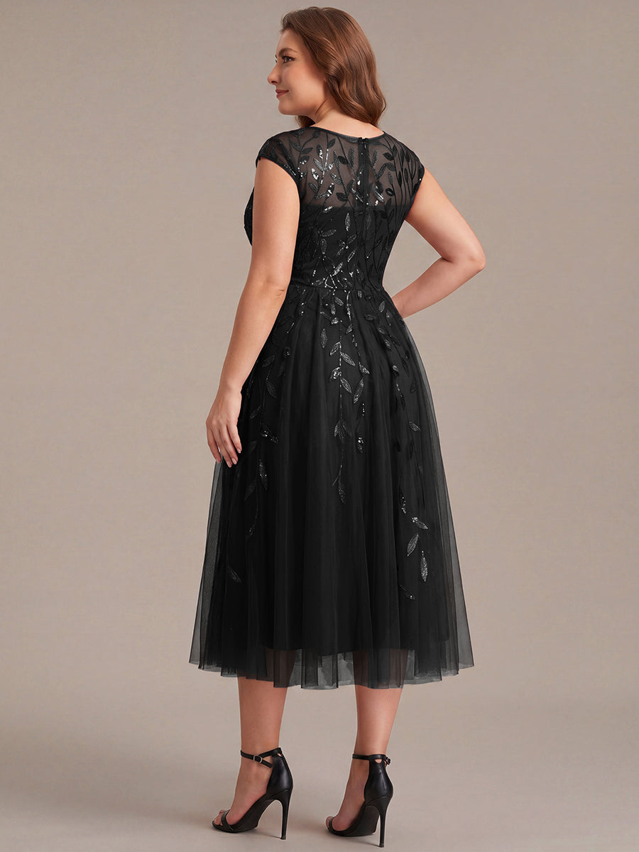 See-through Sequin Cap Sleeve Wedding Guest Dress