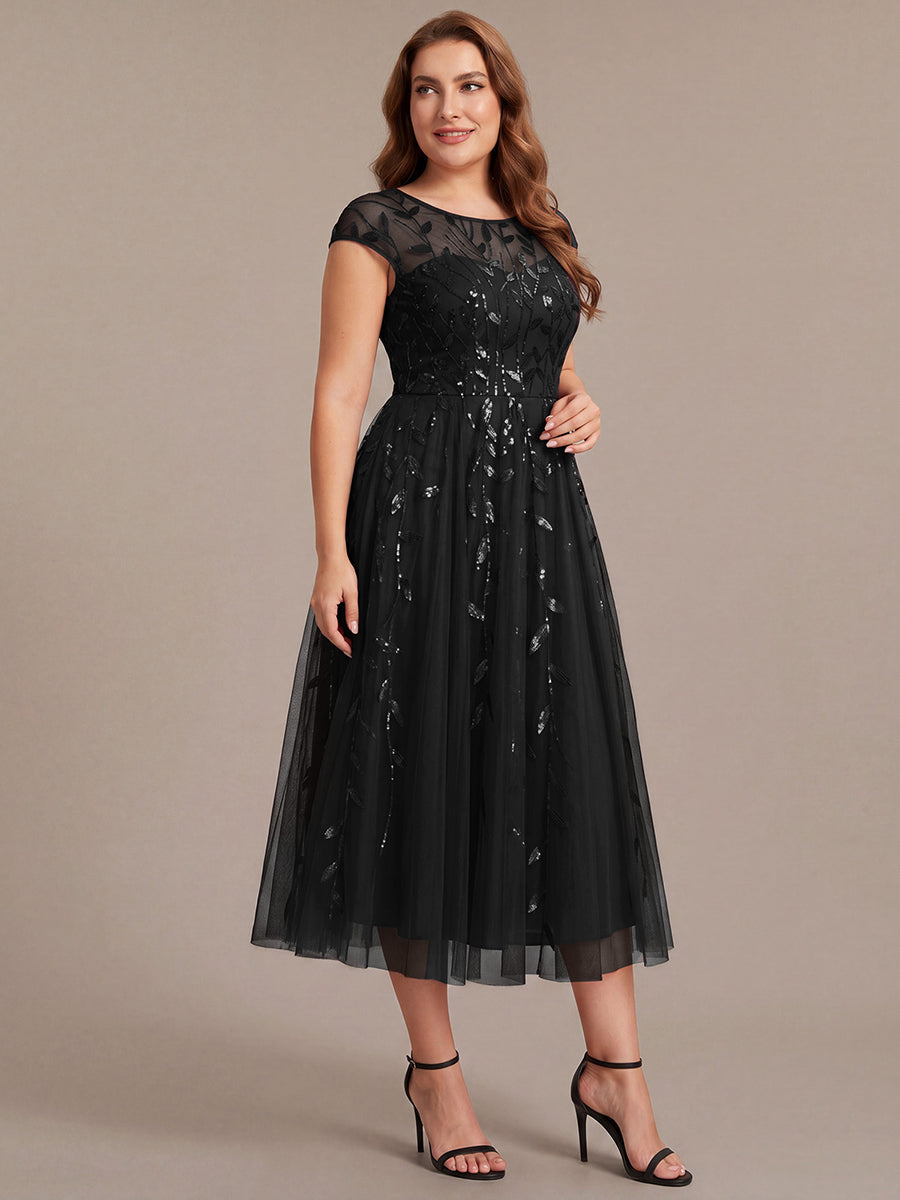 See-through Sequin Cap Sleeve Wedding Guest Dress