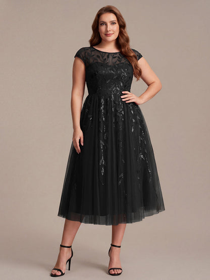 See-through Sequin Cap Sleeve Wedding Guest Dress