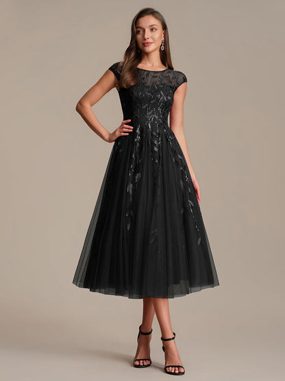 See-through Sequin Cap Sleeve Wedding Guest Dress