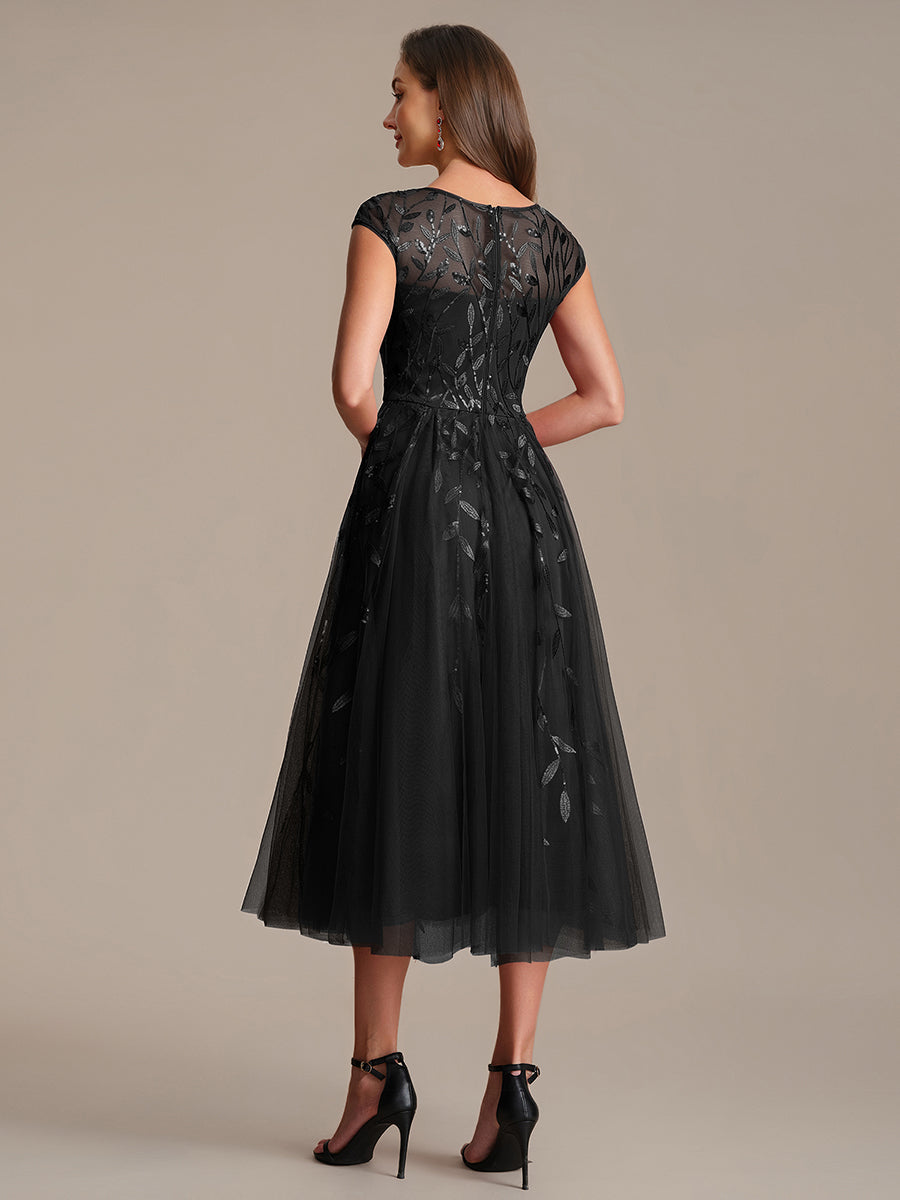 See-through Sequin Cap Sleeve Wedding Guest Dress