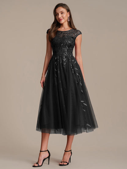 See-through Sequin Cap Sleeve Wedding Guest Dress