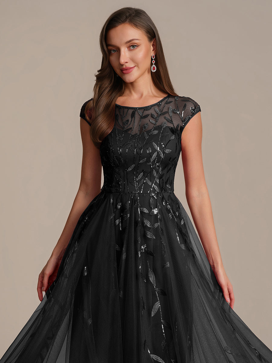 See-through Sequin Cap Sleeve Wedding Guest Dress