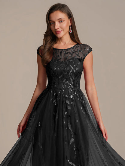 See-through Sequin Cap Sleeve Wedding Guest Dress